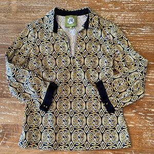Elizabeth McKay Knots Print Picnic Shirt w Collar in Yellow & Navy, 6, EUC!